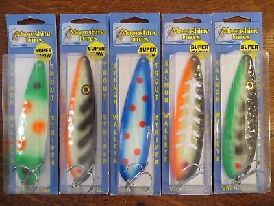 Lot Of 5 Moonshine Lures 5  Magnum Super Glow Spoon - Salmon - Striper - Walleye • $34.99