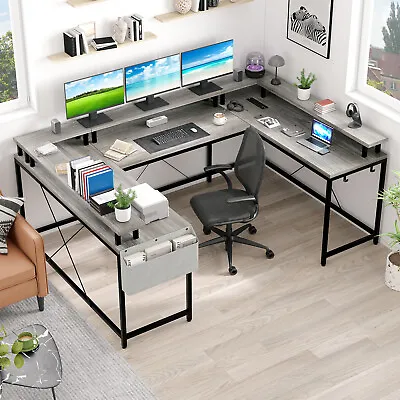 U Shaped Desk Reversible U Shaped Computer Desk With Monitor Stand & LED Lights • $158.09