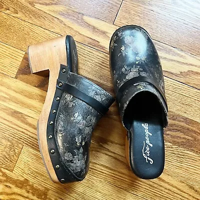 FREE PEOPLE Calabasa Womens Clogs Size 38 EU Black Floral Print Leather/Wooden • $35