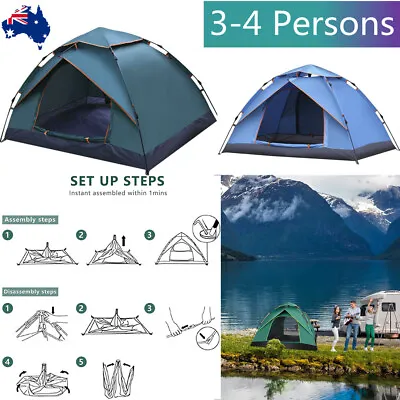 $49.88 • Buy Instant Camping Tent 3-4 Person Pop Up Family Hiking Dome Waterproof Shelter AU