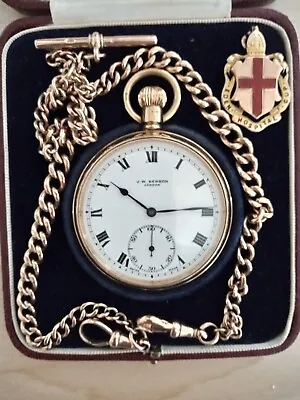 J W Benson Gold Pocket Watch Original Box Albert T Bar 9ct Chain With Pendant • £1930