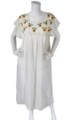 Vintage 60s 70s Gauze Crochet Embroidered Ribbon Sunflower Dress Hippie Boho M/L • $38.47