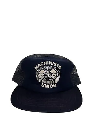 Vintage Puff Print Machinists Union Navy Blue Snapback Trucker Hat • $24.99