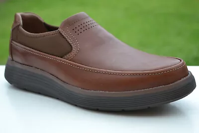 Clarks BNIB Mens Slip-on Shoes UN ABODE GO Dark Tan Leather UK 10.5 / 45 WIDE • £59.95