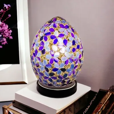 Egg Lamp Mosaic Glass Purple Blue  Flower Table  Desk Bedside Living Room LM72PL • £49.99