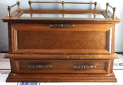 Vintage Oak Mirror Topped Jewelry Box Wooden Vanity Cabinet 2 Drawer Tray Brass • $58