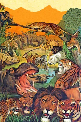 Jungle Wild Animals Lion Tiger Elephant Zebra Camel Leopard Vintage Poster Repro • $14.28