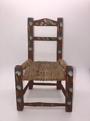 Primitive Folk Art Mexican Hand Painted Chair For Doll Straw Seat • $28