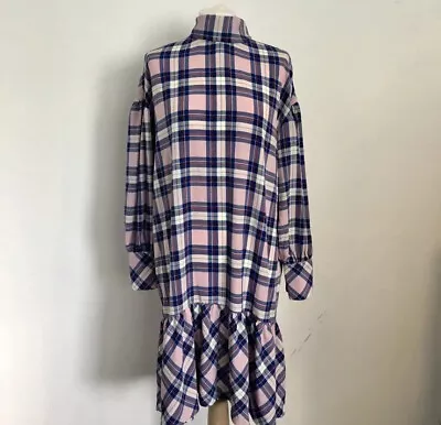MONKI Pink Blue Check Oversized Peplum Dress Bow Detail Size Small New With Tags • $18.32