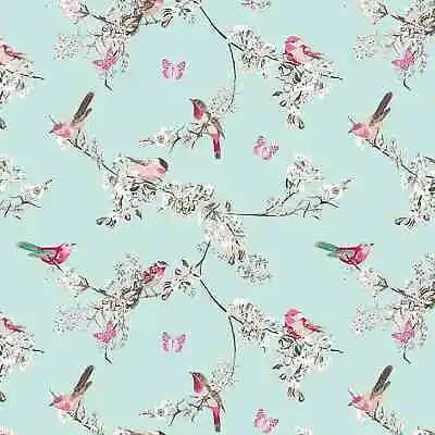 Beautiful Birds Duck Egg Cotton PVC Fabric WIPE CLEAN Tablecloth Oilcloth • £71.96