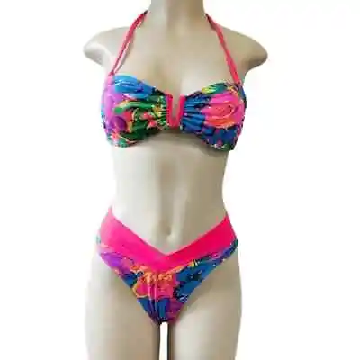 Op Vintage 90s Bright Neon Floral High Cut Bikini Size 8/9 • $45