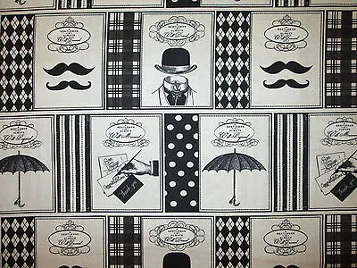 Mustaches Hats Umbrella Men Gentlemens Items Cotton Fabric Fq  • $3.65