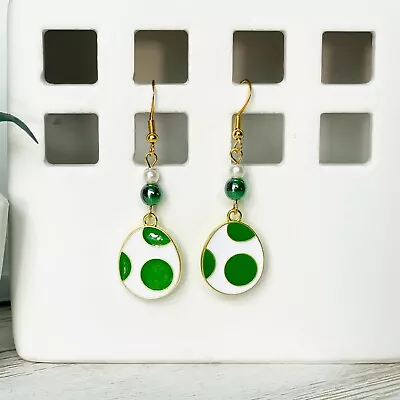 SUPER MARIO BROS Yoshi's Egg Handmade Beaded Dangle Earrings 925 Hypoallergenic • $5.95