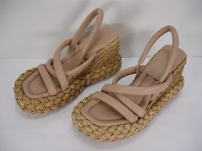 $169.99 • Buy Paloma Barcelo Tan Leather Braided Raffia Wedges Espadrilles Sandals Women's 39