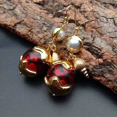 Cultured White Pearl Red Murano Glass Drop Dangle 18kt Gold Over Hook Earrings • $18