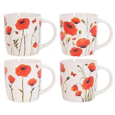 Set Of 4 Poppy Floral Design Mugs New Bone China Coffee Tea Cups 350ml • £13.95