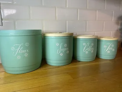$55 • Buy Vintage Stanley Nesting Kitchen Canisters Turquoise Atomic Flowers Set Of Four