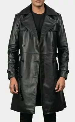 Leather Trench Long Coat Men Winter Genuine Lambskin Black Jacket New Stylish • $149