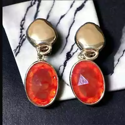 Vintage Faceted Crystal Marbled Orange Hammered Goldtone Drop Earrings Clip On • $3