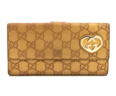 Gucci Wallet Bifold Long Card Purse Heart GG Guccissima Leather Gold Authentic • $73.99