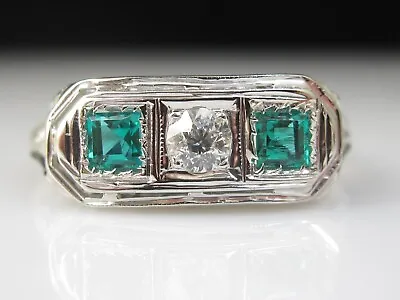 Antique Diamond Emerald Ring Art Deco Old European Cut Estate Retro 14K Vintage • $795