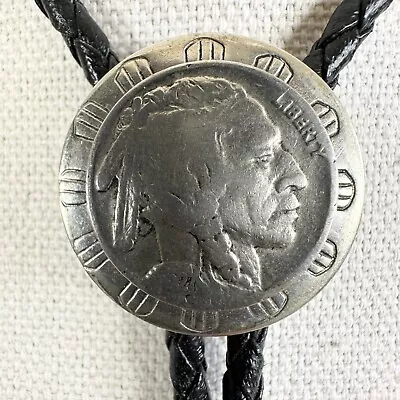 Vintage Indian Head Buffalo Nickel With Silver Tooled Western Setting Bolo Tie • $36