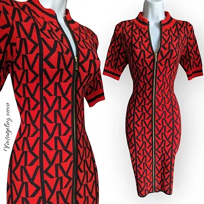 Stunning KAREN MILLEN Red KM Logo Monogram Front Zip Knit Bodycon Dress SMALL  • £0.99