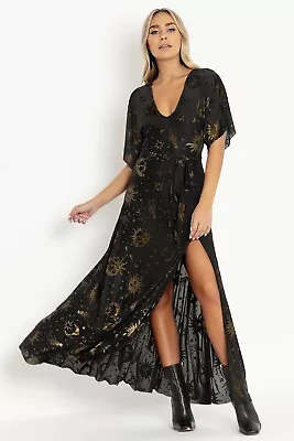 Blackmilk Clothing - Burned Velvet Sun And Moon Gold Kimono Maxi Dress - XS ... • $77.49