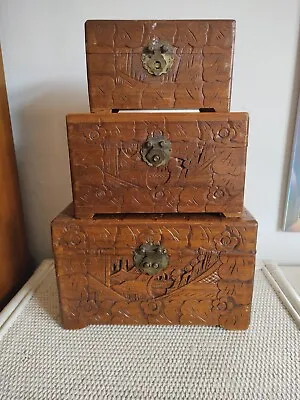 Antique Hand Carved Chinese Camphor Wood Nest Of Boxes. Brass Latches. Hinged  • £100