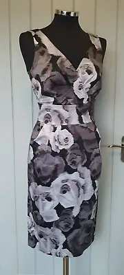 £26.95 • Buy Hobbs Invitation Grey Shift Dress Size 10 Floral Rose Black White Mock Wrap.