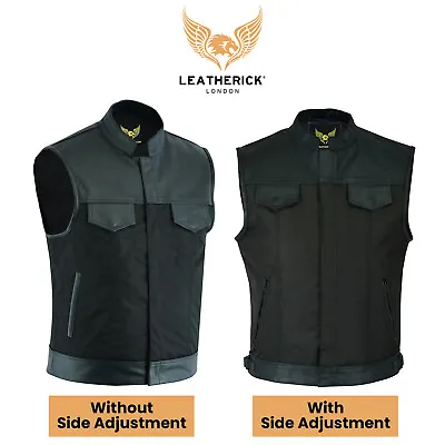 Men's SOA Style Black Cordura Motorcycle Waistcoat Leather Trim Biker Vest • £28.96