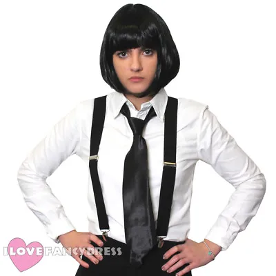 £9.99 • Buy Ladies Gangster Costume Kit Bob Wig Braces Tie Womens 1920's Fancy Dress Set