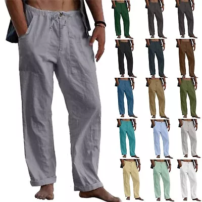 UK Mens Casual Sports Cotton Linen Pants Breathable Loose Running Yoga Trousers • £11.29