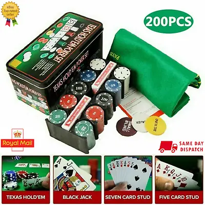 200 Poker Game Texas Hold'em Set Gaming Mat Chips 2 Decks Playing Card With Box • £14.49