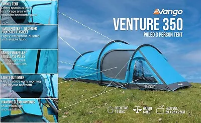 Vango 350 Tent 3 Person XL Tunnel Blue • £175.96