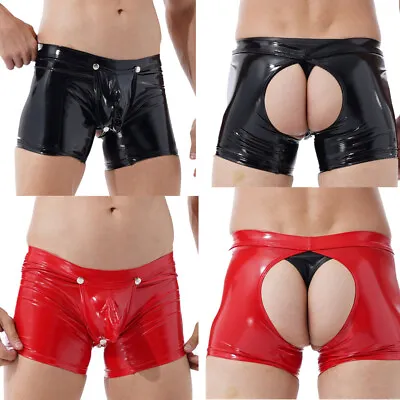 Men's Latex PVC Faux Leather Tight Short Pants Crotchless Boxer Shorts Hot Pants • £19.58