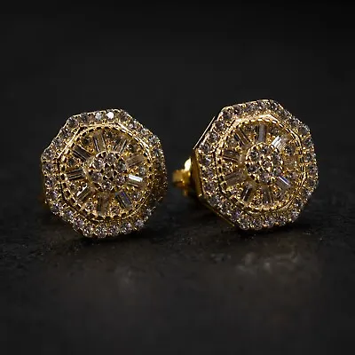 Men's Yellow Gold 925 Sterling Silver Iced Cz Octagon Cluster Stud Earrings • $24.99