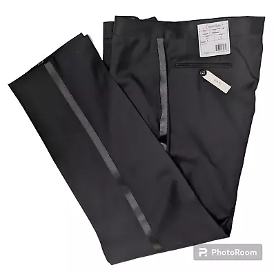 CALVIN KLEIN Wool Tuxedo Pants Satin Stripe Slim Fit Mens Sz. 34 X 32 Black NEW • $65