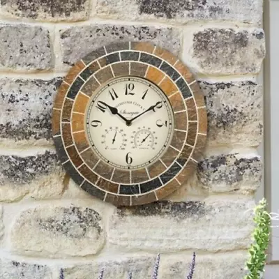 Outdoor Mosaic Wall Clock Thermometer Garden Wall Hanging Stone Effect 34cm • £22.99