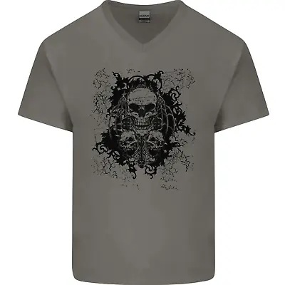 Three Skulls Demon Biker Gothic Tattoo Mens V-Neck Cotton T-Shirt • £8.49