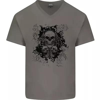 Three Skulls Demon Biker Gothic Tattoo Mens V-Neck Cotton T-Shirt • £8.49