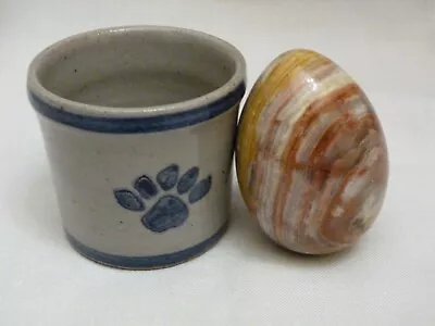 Miniature Signed 2005 Salt Glazed Pottery Crock With Paw Print PLUS Marble Egg • $39.93