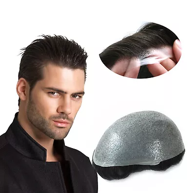 Toupee For Men Human Super Thin Skin Men Hairpieces Wig Black Color #1B • $62.99