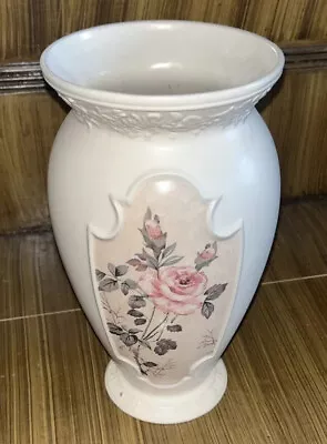 Vintage FTD Embossed Floral 9.5” Ceramic Flower Vase With Roses • $8.95