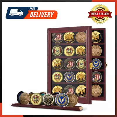 Military Challenge Coin Display Case Lockable Cabinet Rack Holder Shadow Box • $42.57