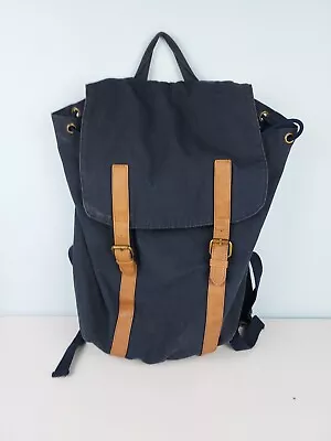 J Crew Canvas Backpack Blue Canvas Cotton Leather Straps Pull String Vtg Modern  • $25