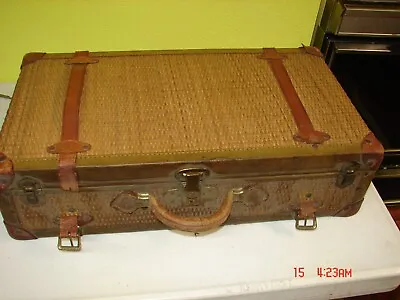 Great Antique Wicker Rattan Covered W/ Leather Trim & Straps Suitcase • $159.99