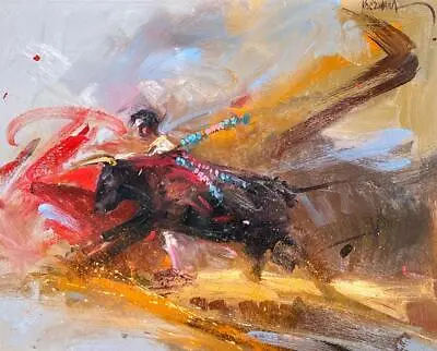 Oil Painting Art Mid Century Modern Matador Man Bullfight Bull Portrait Kocswara • $371.25