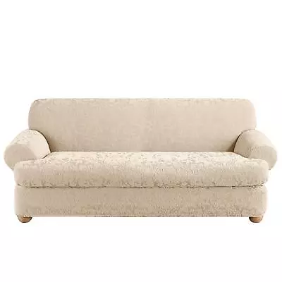 Stretch Jacquard Damask 2 Piece T Cushion Sofa Slipcover In Oyster • $190.75