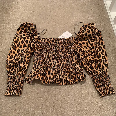 Zara Brown  Animal Print Puffed Sleeve  Top Sz Xs New With Tag Rrp £25.99 • £6.99